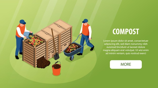 Vector gratuito hombres recolectando desechos para hacer compost en cajas de madera isométrica banner horizontal fondo verde ilustración vectorial