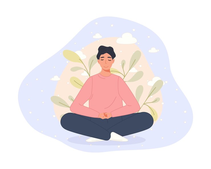 Vector gratuito hombres sentados en el suelo y meditando en la postura del loto práctica de meditación concepto estilo de dibujos animados vector