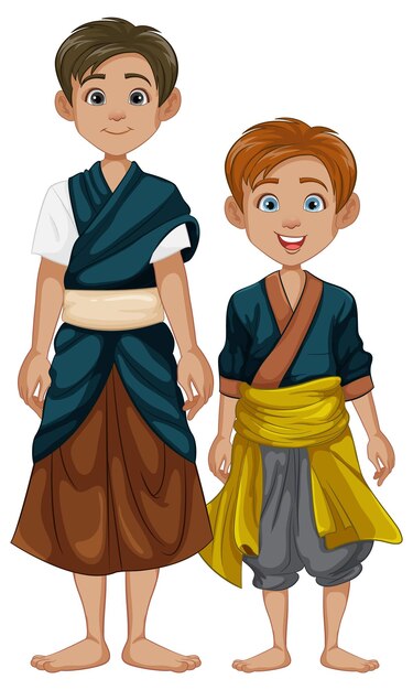 Hombres del sudeste asiático con trajes tradicionales, una ilustración de dibujos animados
