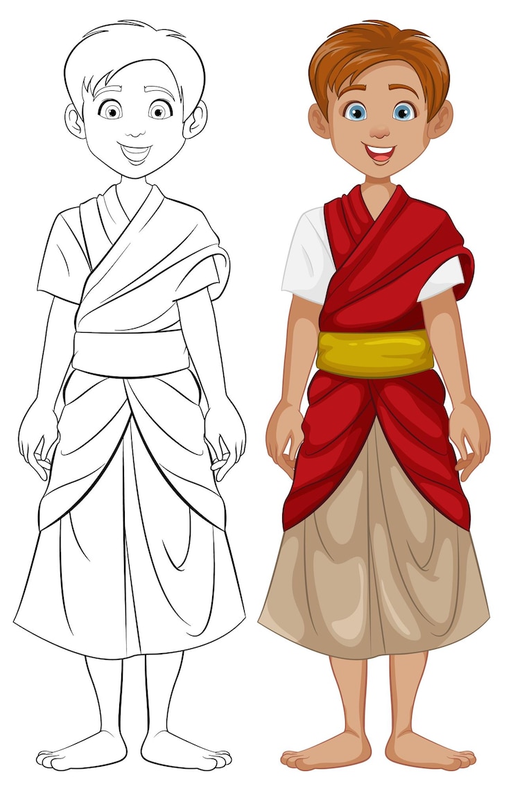 Vector gratuito hombres del sudeste asiático con trajes tradicionales, personajes de dibujos animados