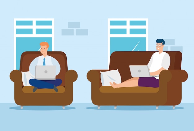 Vector gratuito hombres trabajando en casa con computadoras portátiles sentados en sofás