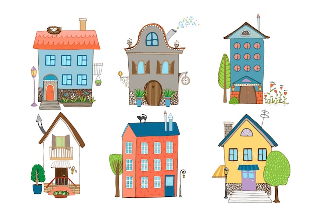 Home sweet home - conjunto de casas dibujadas a mano en diferentes estilos arquitectónicos con plantas y árboles aislados en blanco