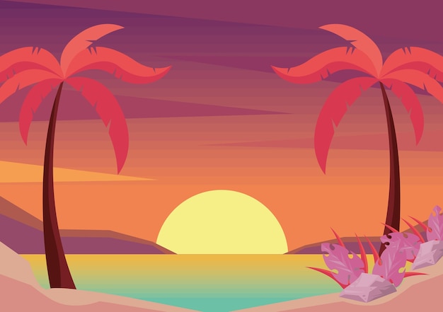 Vector gratuito hora de la puesta del sol del paisaje marino de la playa
