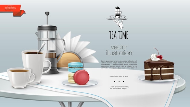 La hora del té realista con tazas de café y té, prensa francesa, pieza de pastel, macarrones, servilletas, mantel en la mesa