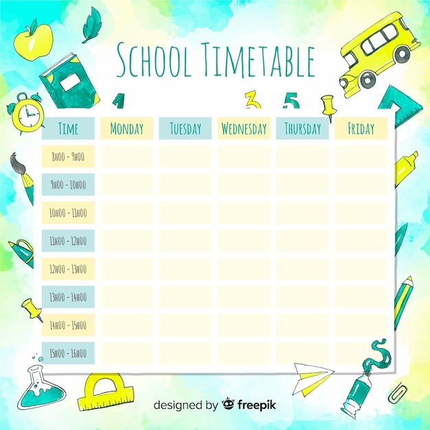 Vector gratuito horario escolar en acuarela con elementos