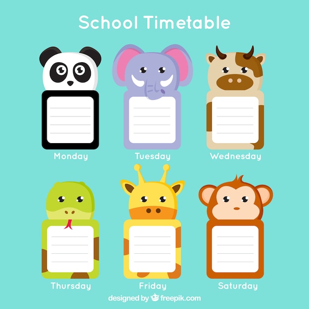 Vector gratuito horario escolar con simpáticos animales