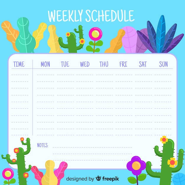 Vector gratuito horario semanal floral adorable con diseño plano