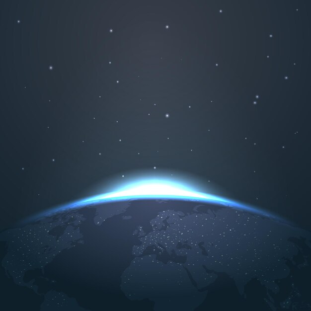 Horizonte del amanecer sobre la tierra desde el espacio con estrellas y luces. Ilustración amanecer y astronomía resplandor amanecer en el universo