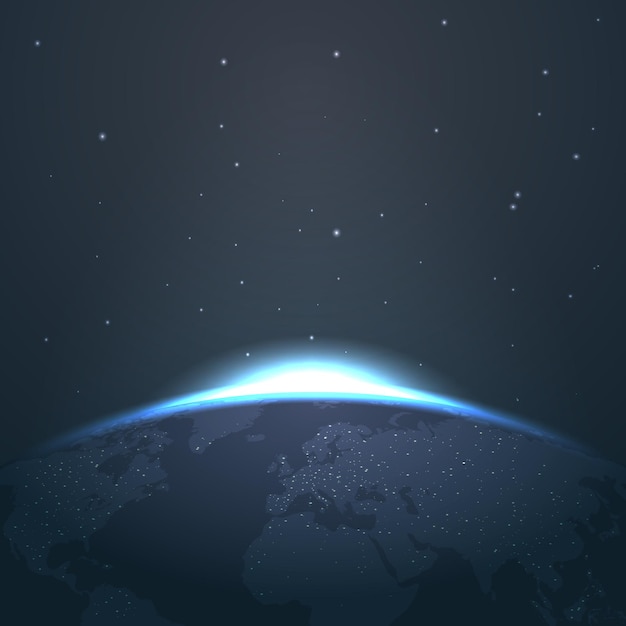 Horizonte del amanecer sobre la tierra desde el espacio con estrellas y luces. Ilustración amanecer y astronomía resplandor amanecer en el universo