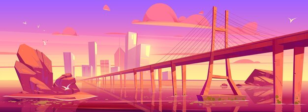 Horizonte de la ciudad con edificios y puente sobre el lago o río al atardecer.