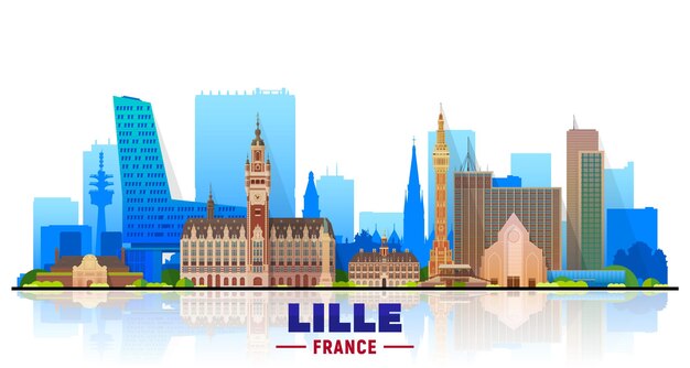 Horizonte de la ciudad de Lille Francia en fondo blanco Ilustración de vector plano con los edificios más famosos Concepto de turismo y viajes de negocios con edificios modernos Imagen para banner o sitio web