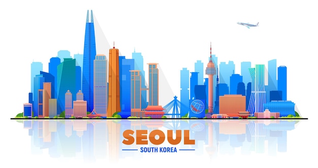 Horizonte de la ciudad de Seúl Corea sobre un fondo blanco Ilustración de vector plano Concepto de turismo y viajes de negocios con edificios modernos Imagen para banner o sitio web