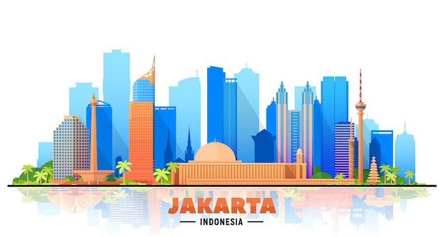 Vector gratuito horizonte de la ciudad de yakarta indonesia sobre un fondo blanco ilustración de vector plano concepto de turismo y viajes de negocios con edificios modernos imagen para banner o sitio web