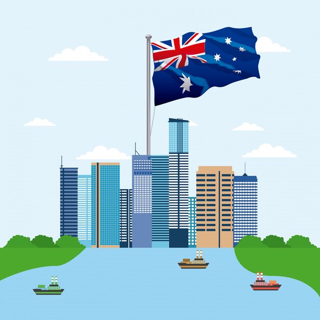 Horizonte de edificios con bandera de Australia