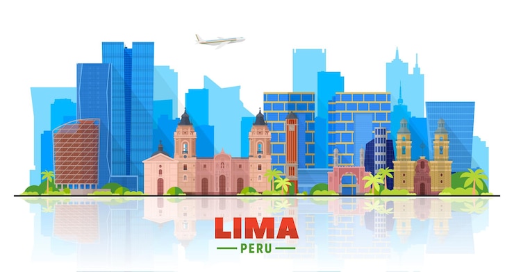 Vector gratuito horizonte de lima (perú) con panorama en fondo blanco. ilustración vectorial. concepto de turismo y viajes de negocios con edificios modernos. imagen para presentación, banner, sitio web.