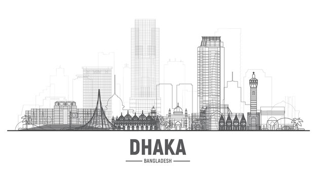 Horizonte de línea de Dhaka Bangladesh con panorama en fondo blanco Ilustración vectorial Concepto de turismo y viajes de negocios con edificios modernos Imagen para banner o sitio web