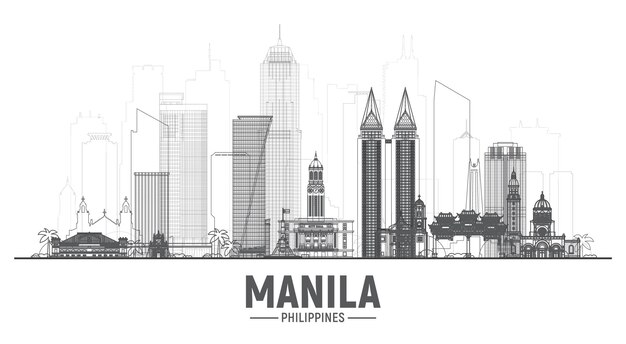 Horizonte de línea de Manila Filipinas con panorama en fondo blanco Ilustración vectorial Concepto de viajes y turismo de negocios con edificios modernos Imagen para banner o sitio web