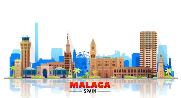 Horizonte de Málaga España Andalucía con panorama sobre fondo blanco Ilustración vectorial Concepto de turismo y viajes de negocios con edificios modernos Imagen para banner o sitio web