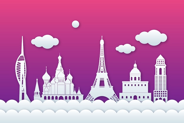 Horizonte de monumentos en estilo de papel y cielo violeta degradado