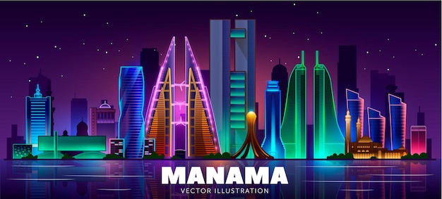 Horizonte nocturno de Manama (Bahréin). ilustración vectorial Concepto de turismo y viajes de negocios con edificios modernos. Imagen para banner o sitio web.