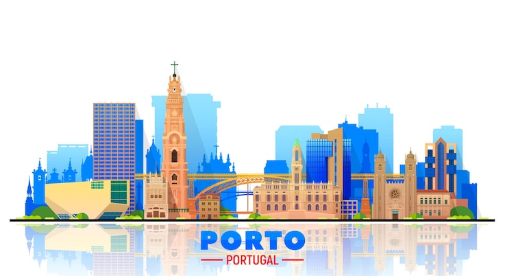 Vector gratuito horizonte de oporto portugal con panorama en fondo blanco ilustración vectorial concepto de turismo y viajes de negocios con edificios modernos y antiguos vector para sitio web de banner de presentación