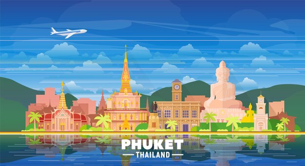 Horizonte de Phuket Tailandia con panorama en fondo de colores Ilustración vectorial Concepto de viajes y turismo de negocios con edificios modernos