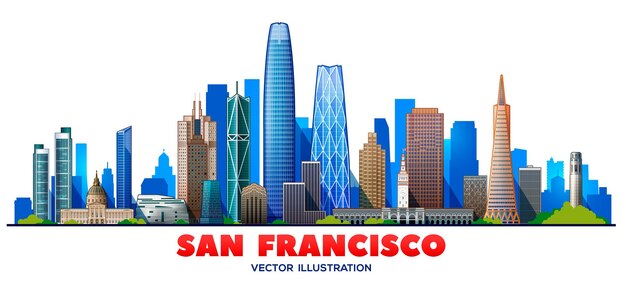 Horizonte de San Francisco Estados Unidos con panorama en el fondo del cielo Ilustración vectorial Concepto de turismo y viajes de negocios con edificios modernos Imagen para banner o sitio web