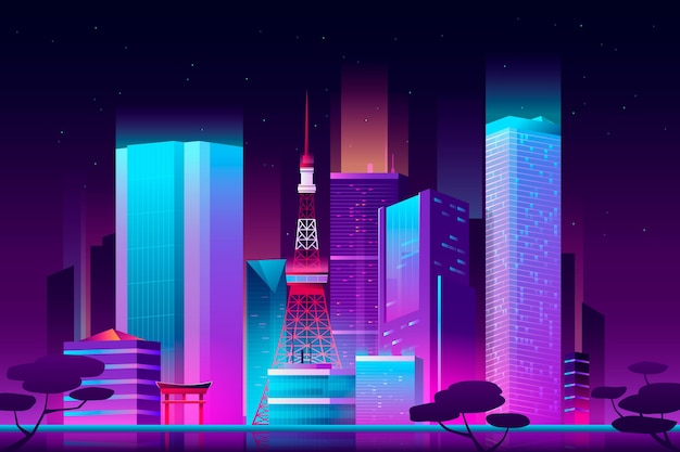 Vector gratuito horizonte de tokio degradado con luces de neón