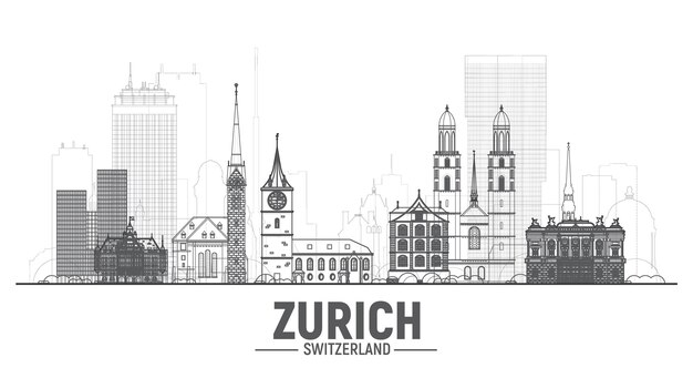Horizonte de Zurich Suiza con panorama en fondo blanco Ilustración vectorial Concepto de turismo y viajes de negocios con edificios modernos y antiguos Vector para sitio web de banner de presentación