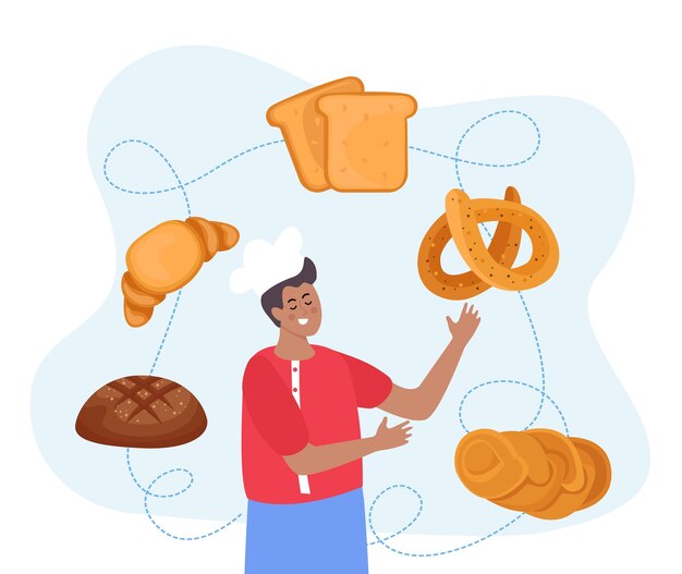 Hornear pan y pastelería concepto con surtido de símbolos ilustración vectorial plana