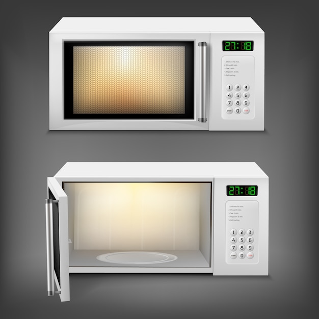 Vector gratuito horno microondas realista con luz interior, con puerta abierta y cerrada