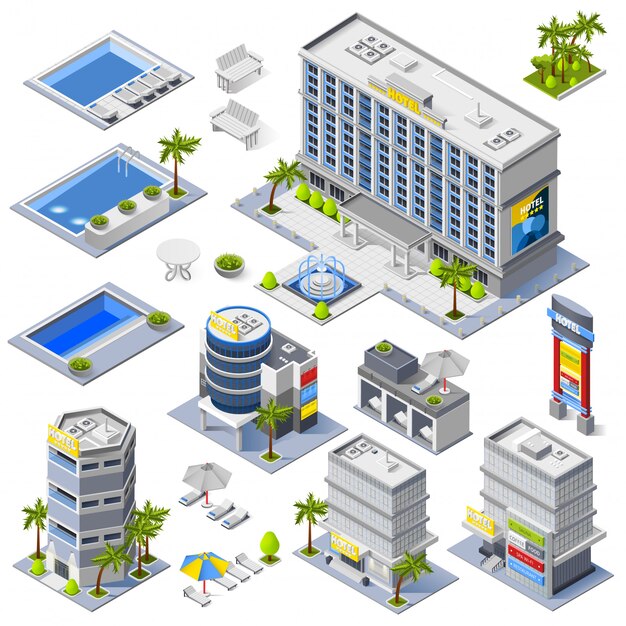Hotel de lujo edificios iconos isométricos