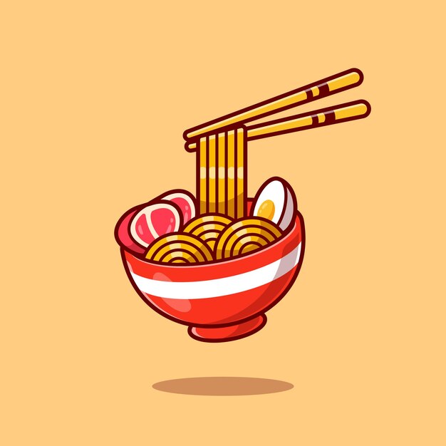 Huevo y carne de fideos ramen con dibujos animados de palillos