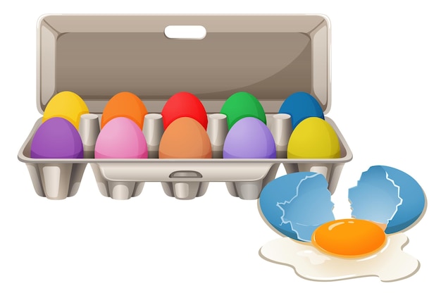 Huevos de colores en caja de cartón