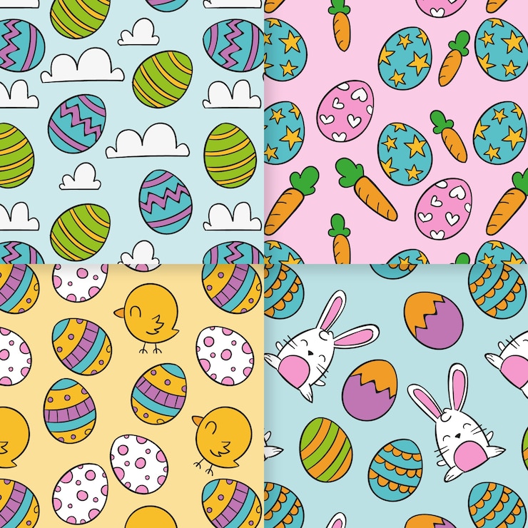Vector gratuito huevos y conejos feliz pascua colección de patrones sin fisuras