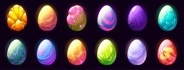 Huevos de fantasía de dragón dinosaurio monstruo alienígena o criatura mágica aislada sobre fondo negro Conjunto de dibujos animados vectoriales de huevos de cuento de hadas con diferente textura para el diseño de juegos de interfaz de usuario