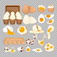 Vector gratuito huevos con imágenes aisladas de huevos rotos con rodajas cortadas y paquete en ilustración de vector de fondo transparente