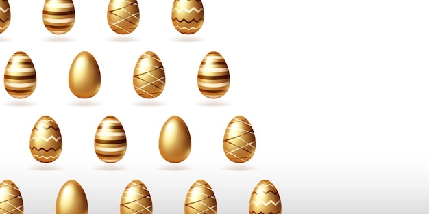Huevos de oro sobre fondo blanco con espacio de copia Invitación de banner de Pascua feliz o plantilla de tarjeta de felicitación con filas de huevos decorados en oro Saludos de vacaciones de primavera Ilustración de vector 3d realista