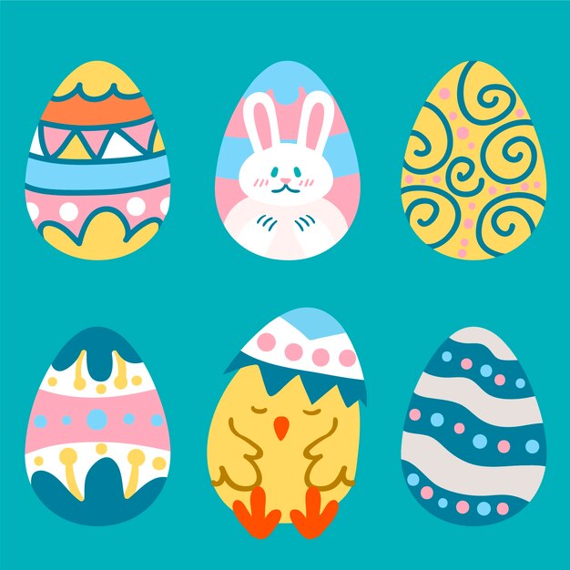 Huevos de pascua dibujados a mano con conejito y pollo