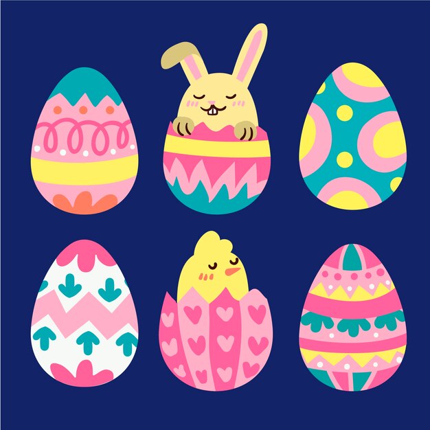 Huevos de pascua dibujados a mano con conejo y pollo
