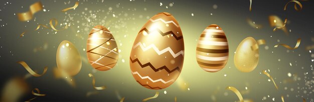 Huevos de Pascua dorados sobre fondo borroso con confeti dorado y destellos brillantes. Banner de vacaciones felices, plantilla para publicidad, encabezado o pie de página para sitio web, ilustración vectorial 3d realista