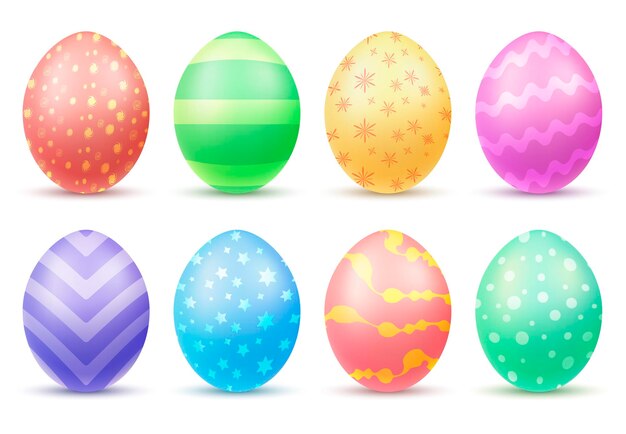 Huevos de pascua multicolores pintados en diferentes colores y patrones realistas conjunto aislado ilustración vectorial