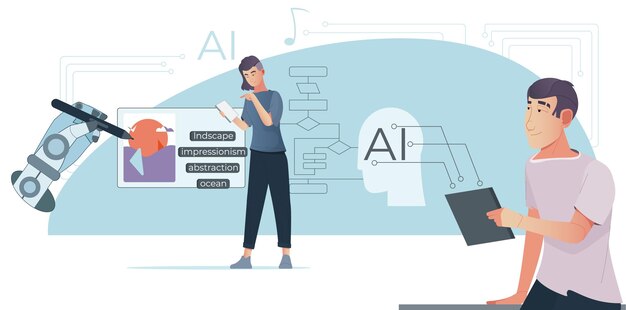 La IA generó una composición plana con personajes humanos garabateados que trabajan con redes neuronales para crear varias ilustraciones vectoriales de contenido