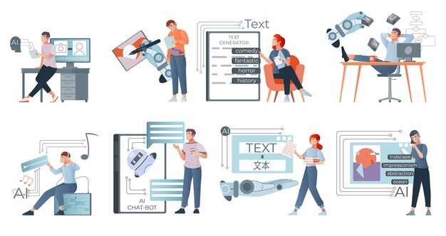 La IA generó un conjunto plano de composiciones aisladas con robots que crean íconos de contenido y dibujan ilustraciones vectoriales de personajes humanos.