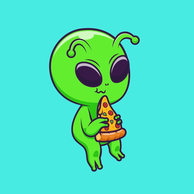 Icon Vector de dibujos animados de un alienígena lindo comiendo pizza Ilustración Ciencia Icon de comida Vector plano aislado