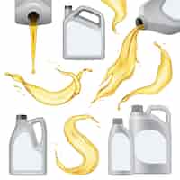 Vector gratuito icono de aceite de motor realista aislado con botella de plástico blanco con líquido amarillo