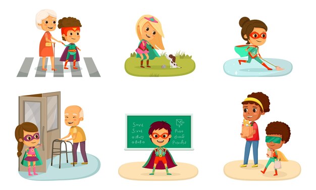 El icono aislado de dibujos animados de superhéroes de niños con niños ayuda a una anciana a cruzar la calle a limpiar los pisos y llevar bolsas de supermercado ilustración
