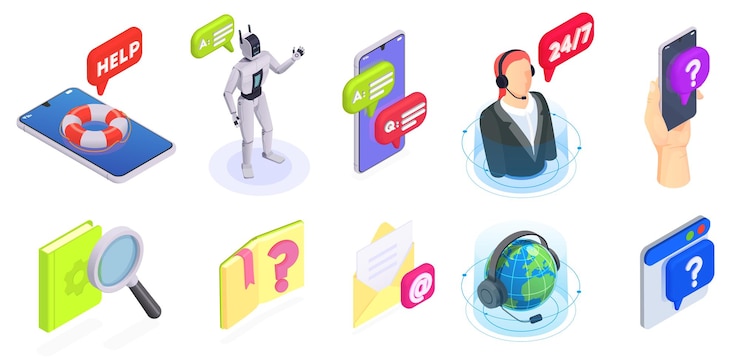 Vector gratuito icono aislado isométrico de servicio al cliente establecido con situaciones abstractas y elementos ilustración de vector de teléfono inteligente de operador de bot de chat