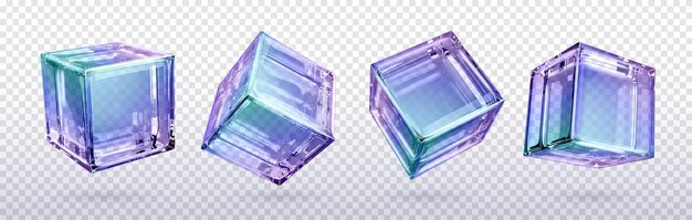Icono aislado de vector de cubo de vidrio holográfico de luz de cristal 3d Forma de bloque translúcido geométrico realista con refracción de holograma púrpura en diferentes vistas Imágenes prediseñadas de material de gradiente futurista