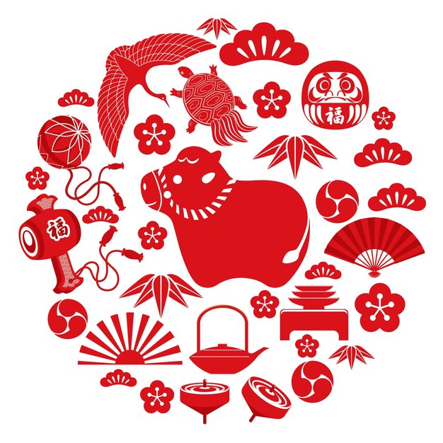 El icono del año del buey y otros amuletos de la suerte vintage japoneses que celebran el Año Nuevo.